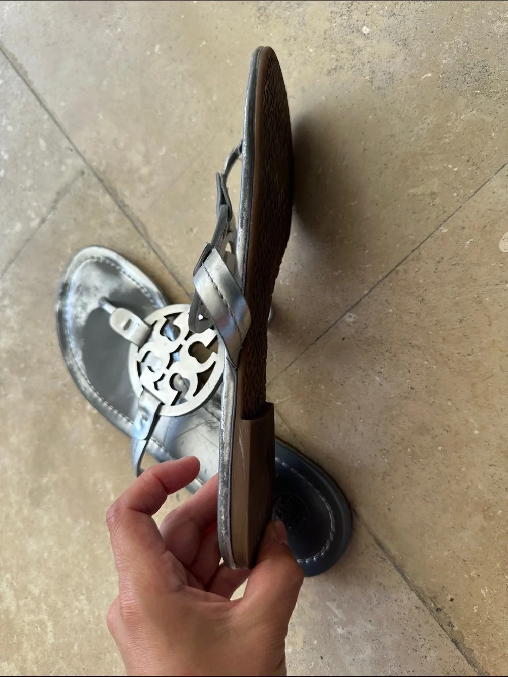 Tory Burch Metallic Charcoal Logo Thong Sandals